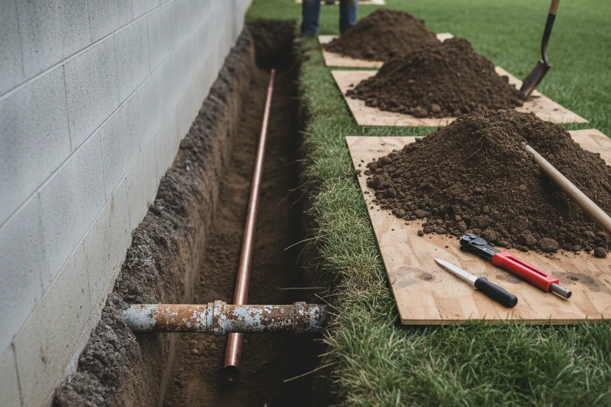 Excavated water line trench during Water Softener Installation in Lindale